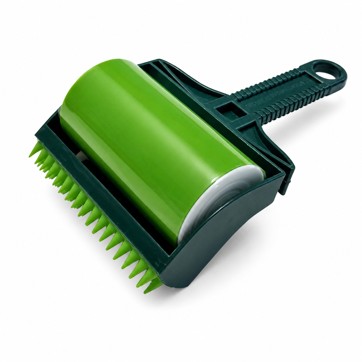 Green pet grooming brush on a white background