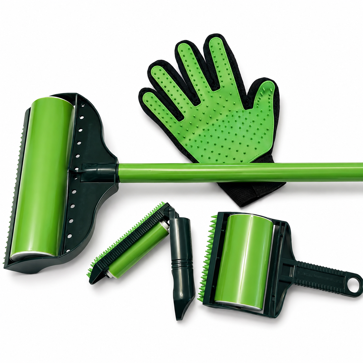 Green grooming tools including a brush, glove, and a travel brush on a white background.