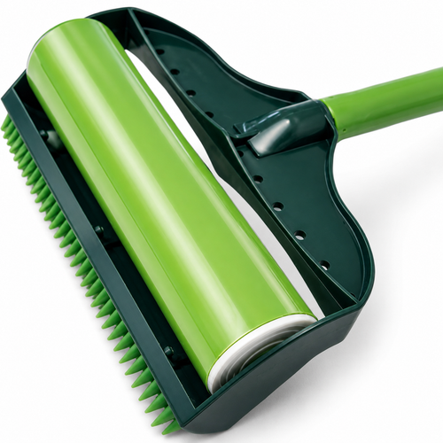 Green pet grooming brush with a white background