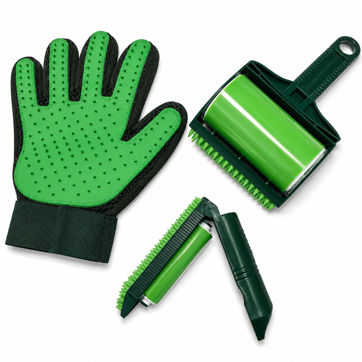 Green pet grooming tools including a glove and two brushes on a white background
