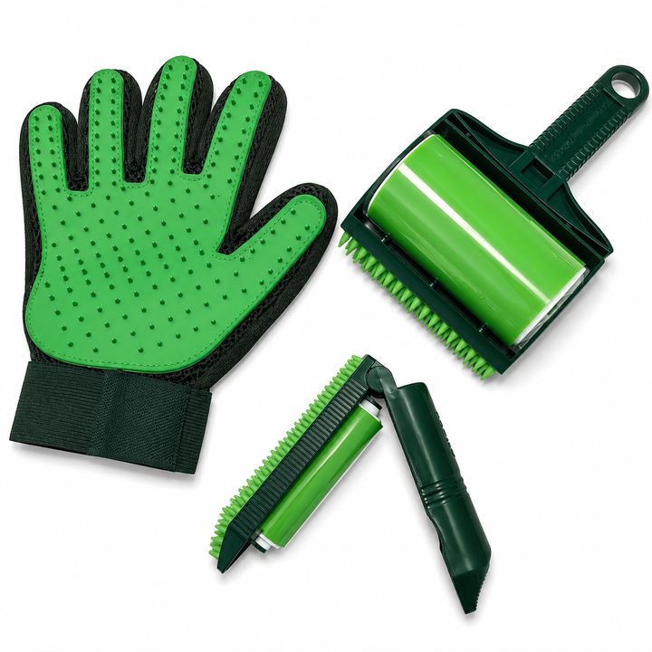 Green pet grooming tools including a glove and two brushes on a white background