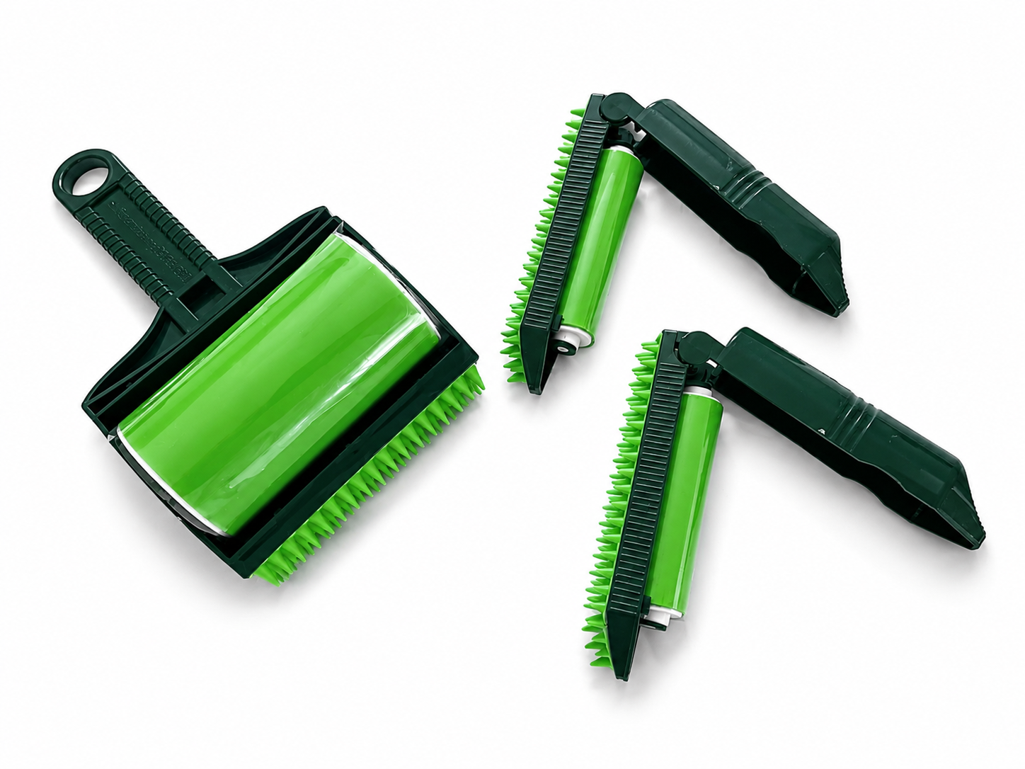 Green pet grooming brush with handle on a white background